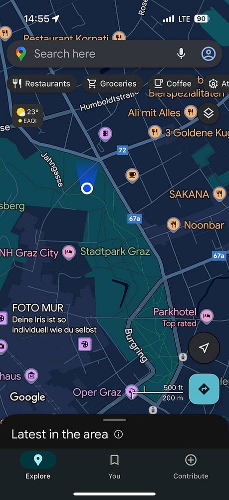 A digital map interface displaying a city area with various points of interest and navigation features.