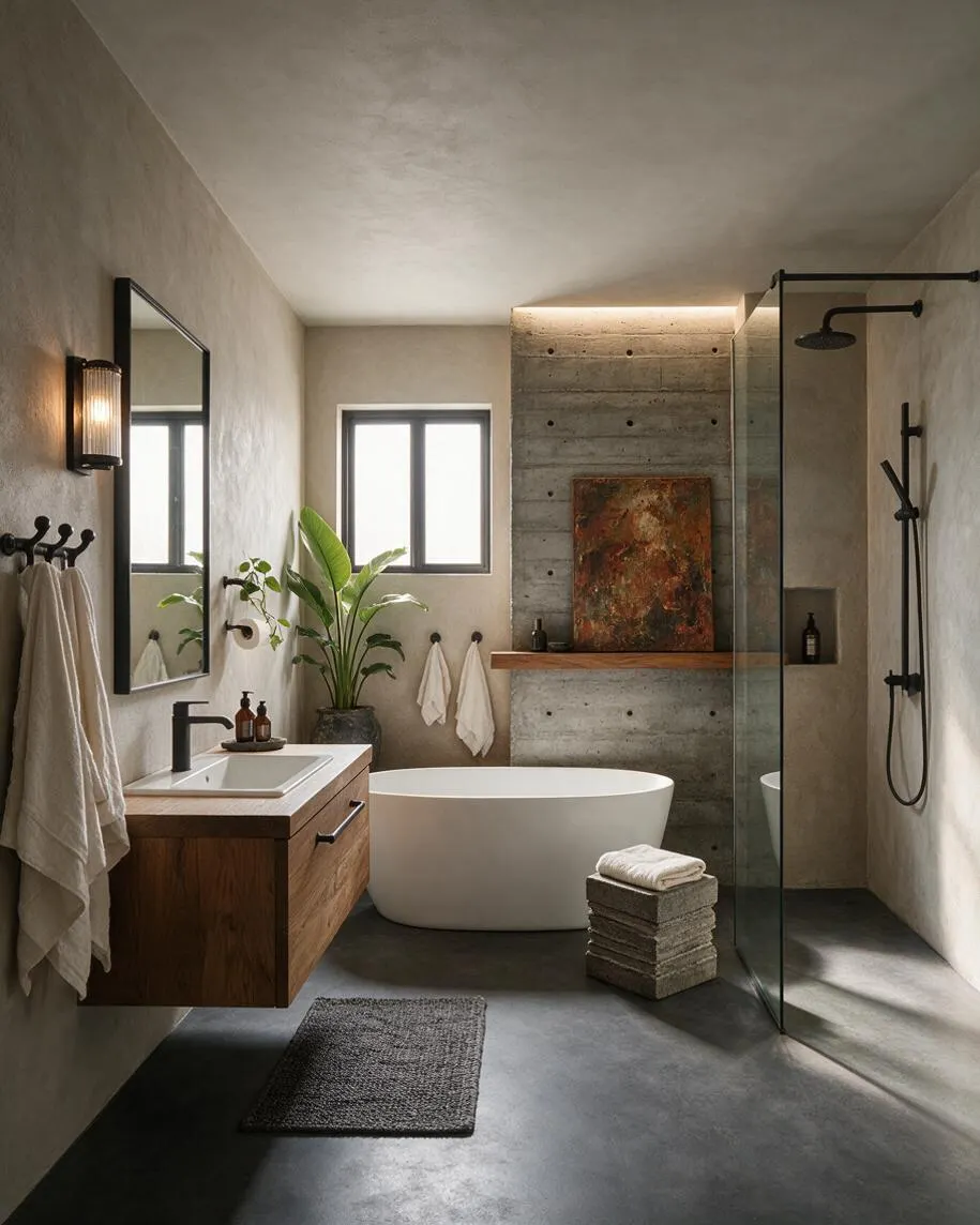 A Brutalist-style master bathroom with smooth concrete walls and floor, a floating wood vanity with a white sink, a freestanding oval bathtub, and a glass shower enclosure. Black fixtures, a wall mirror, soft towels, a large potted plant, and warm accent lighting add contrast to the otherwise raw, minimal space.