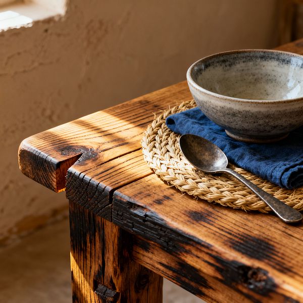 Close-up of a rustic dining table corner made of heavily grained reclaimed wood with charred edges and visible knots and cracks. On the tabletop sits a round braided seagrass placemat topped with a folded indigo linen napkin, a speckled gray-beige stoneware bowl, and a patinated metal spoon, while warm sunlight from a nearby window casts diagonal shadows across the wood and a textured beige plaster wall in the background.