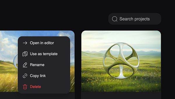 The image displays a user interface for managing projects, featuring options for editing and a visual preview of a 3D object in a grassy landscape.