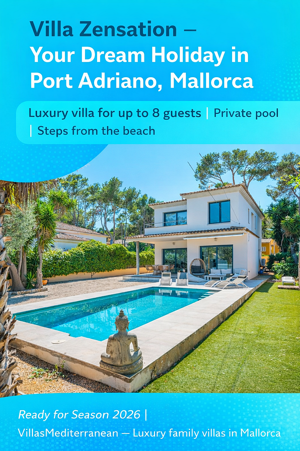 A luxurious villa with a private pool and lush surroundings in Port Adriano, Mallorca.