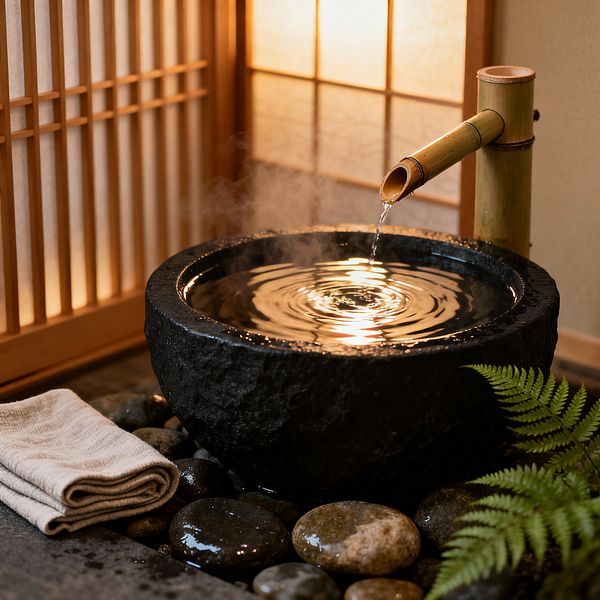 A close-up of a Japanese-style bathroom vignette shows a black stone basin filled with steaming water while a bamboo spout trickles into it, creating ripples. The bowl rests among smooth wet river stones beside a folded beige towel and a green fern frond. Warm, diffused light glows through a wood-lattice shoji screen with washi paper in the background, highlighting natural textures and a calm, minimalist atmosphere.
