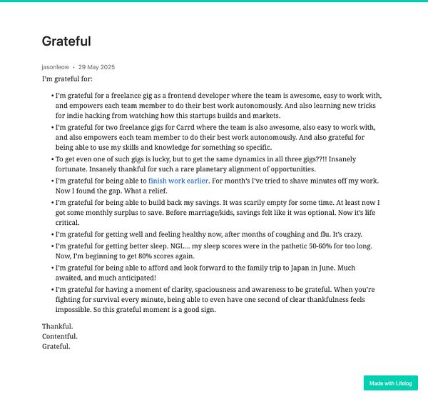 A gratitude journal entry detailing various aspects of personal and professional life.