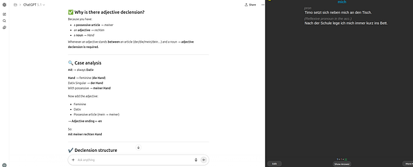 The image displays a digital interface focused on learning German, specifically addressing adjective declension and case analysis.
