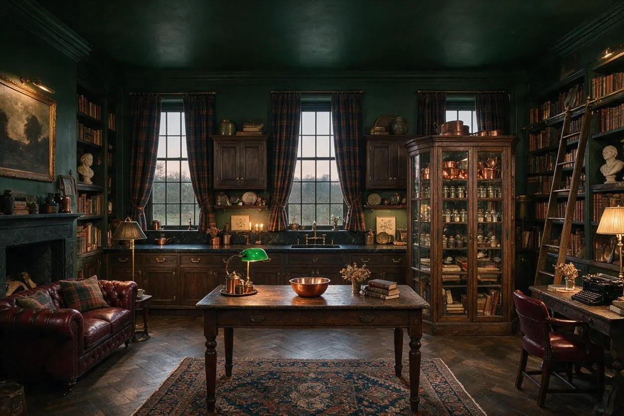 A dramatic dark academia kitchen with deep green walls, tall mullioned windows framed by plaid curtains, and dark wood cabinetry lined with books and decorative objects. A central wooden table sits on a patterned rug, while a glass-front display cabinet, leather seating, and brass accents create a scholarly, vintage atmosphere.
