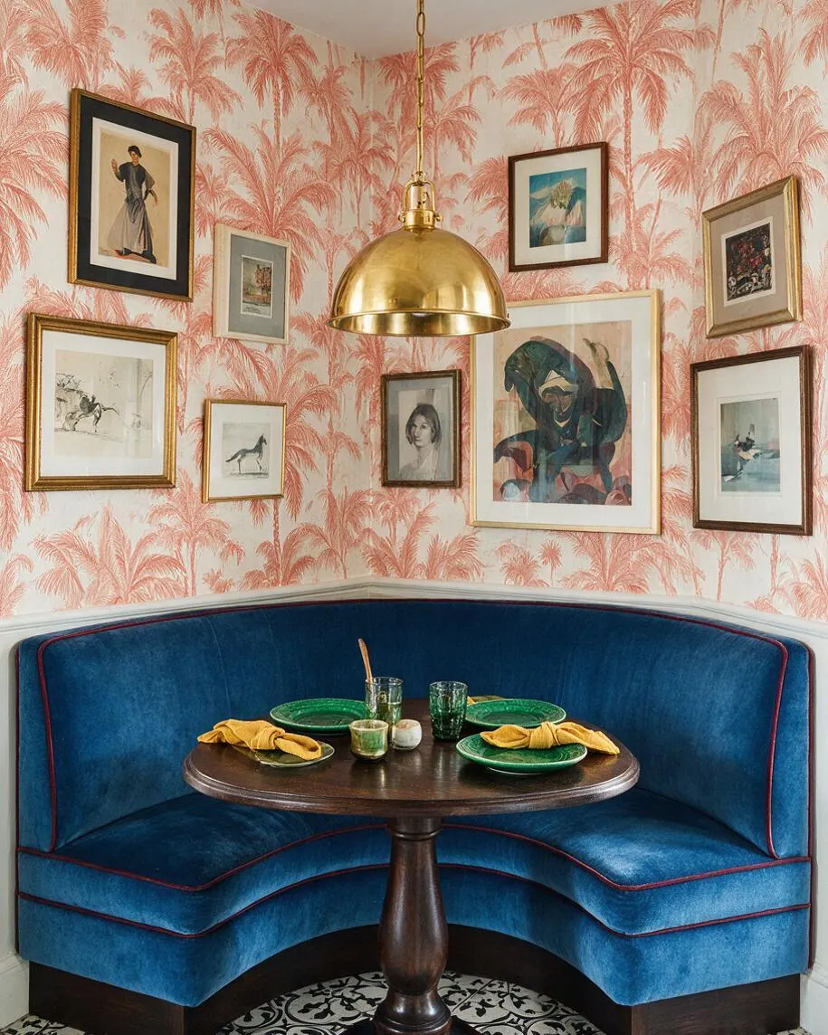 A maximalist corner dining nook with coral palm-print wallpaper, a deep blue velvet curved banquette, and a round dark wood pedestal table. Framed artwork in mixed sizes fills the walls beneath a brass dome pendant light, creating a layered, eclectic atmosphere.