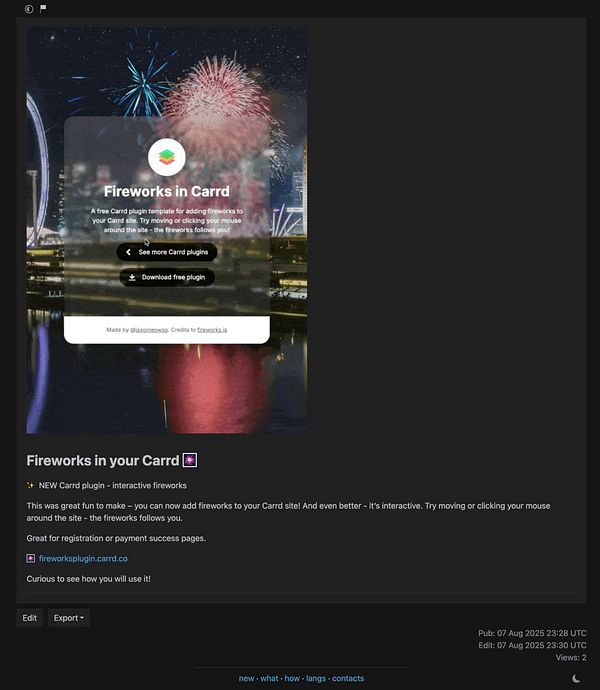 A promotional page for a Carrd plugin featuring interactive fireworks.