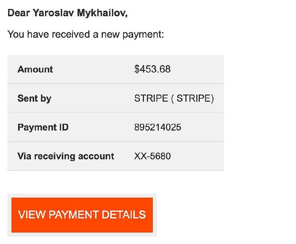 The image displays a payment notification email detailing a received payment.