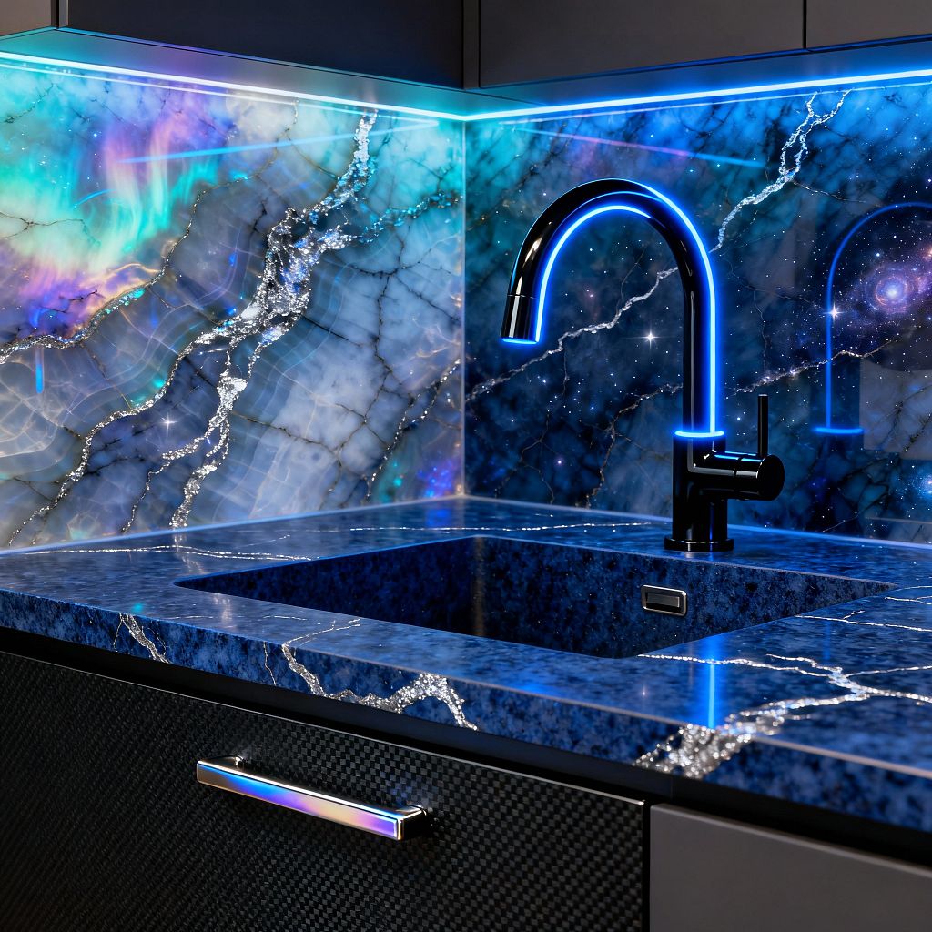 A close-up of a Cosmic Chic kitchen sink shows a deep-blue stone countertop and integrated basin with sparkling silver veining. A backlit glass backsplash displays galaxies and aurora-like swirls in teal, indigo, and violet. A matte-black, high-arc faucet is edged with electric-blue LED light, echoed by undercabinet LEDs. Dark carbon-fiber textured cabinetry and a polished metal pull complete the futuristic, glowing vignette.