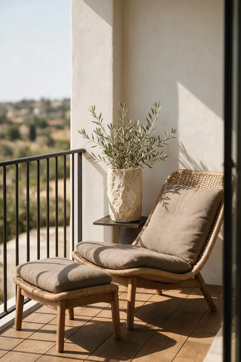 A sunlit transitional balcony features a woven lounge chair and matching ottoman with taupe cushions, set beside a small wall shelf holding a textured stone vase with olive branches. Black metal railing, white stucco walls, and warm wood decking create a calm, natural setting.