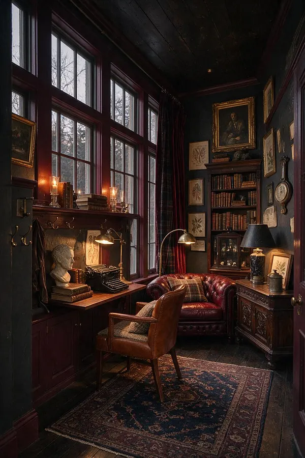 A dimly lit front porch styled like a compact reading room, with tall mullioned windows, deep burgundy trim, dark wood paneling, and walls filled with framed art and books. A leather club chair, tufted burgundy sofa, desk with a typewriter, brass lamps, candles, and a patterned rug create a scholarly, vintage atmosphere.