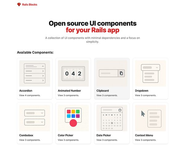 The image displays a webpage for 'Rails Blocks', showcasing various open-source UI components for Rails applications.