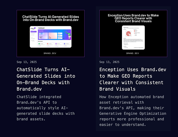 The image features two case studies highlighting the use of Brand.dev for enhancing brand presentations and reports.