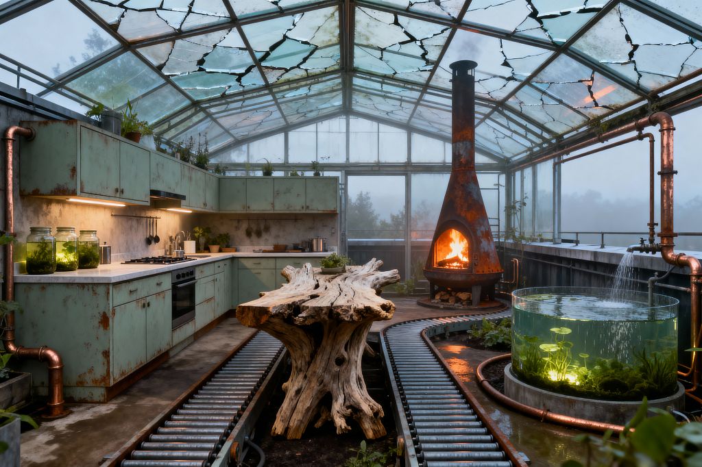 A greenhouse-style kitchen sits beneath a cracked glass roof, with L-shaped mint-green metal cabinets streaked with rust and a white countertop holding a gas cooktop and jars. A curving line of galvanized conveyor rollers surrounds a sculptural driftwood table, while a rusted cone fireplace burns near a lit cylindrical aquaponics tank; exposed copper pipes, concrete floor, potted herbs, and under-cabinet lighting complete the moody, rain-fogged scene.