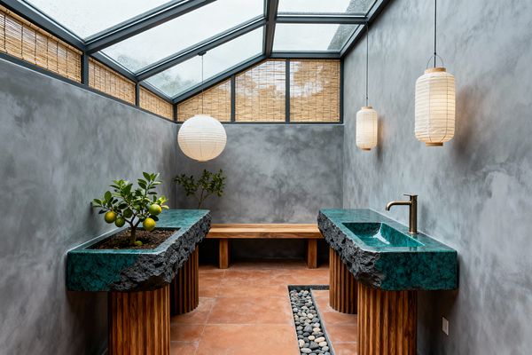 A narrow kitchen-like space under a sloped glass skylight features two emerald-green stone consoles on fluted wooden legs, one with a built-in sink and brass faucet and the other with an integrated planter holding a small citrus tree. The floor is terracotta tile with a river-pebble channel, walls are smooth gray plaster, and bamboo shades line the clerestory. Paper lantern pendants provide soft light, with a simple wood bench at the far end.