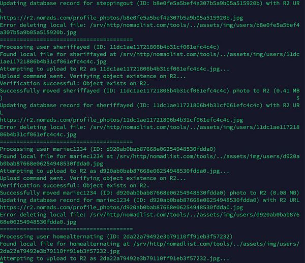 The image displays a terminal interface showing logs of a process for moving user avatars from a VPS to R2 storage.