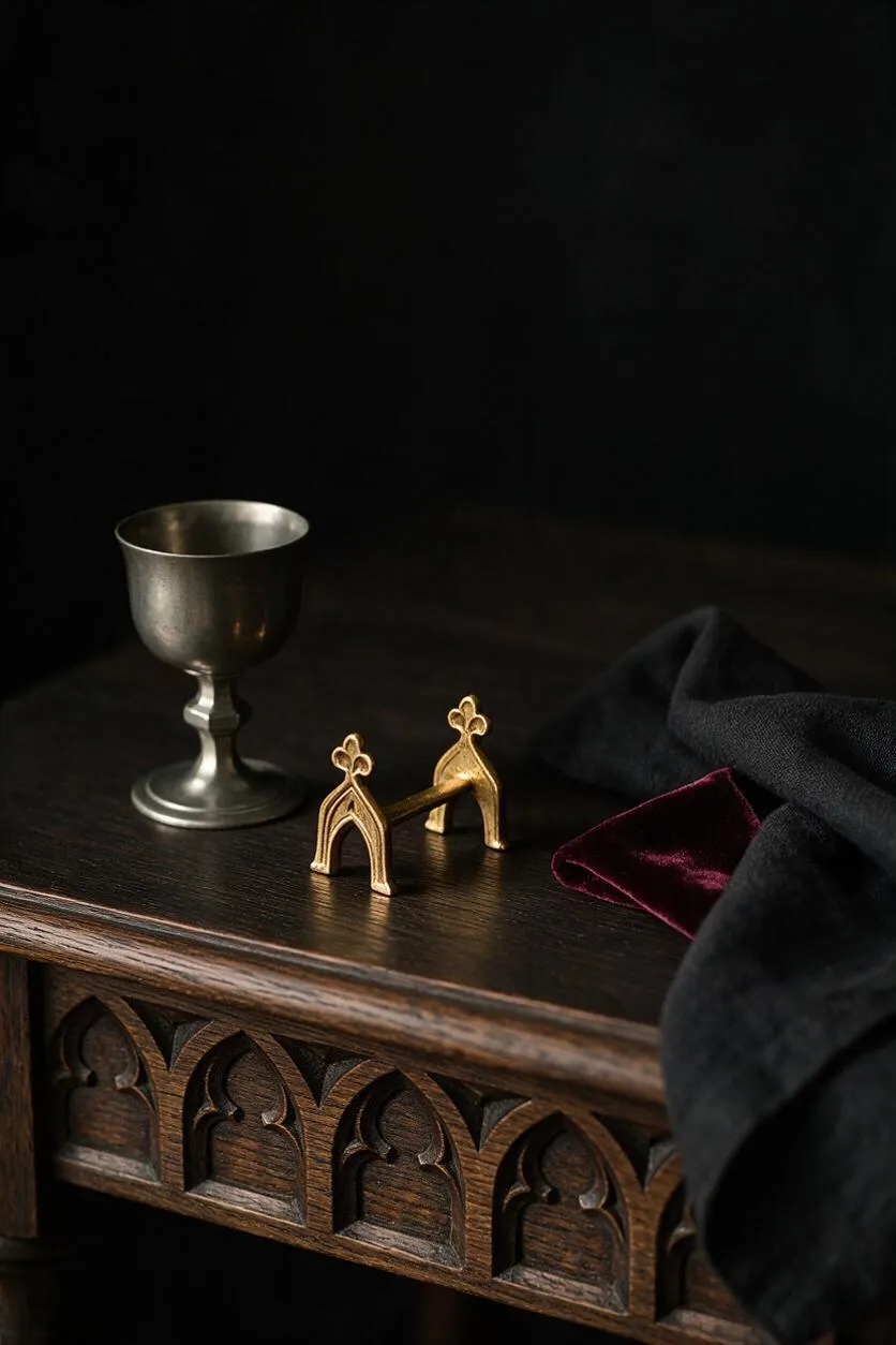 A dark Gothic-style close-up of a carved wooden surface with repeating pointed arch motifs along the edge. On top sit a silver chalice, a small brass decorative object with fleur-de-lis-like finials, and folded black and burgundy velvet fabric.