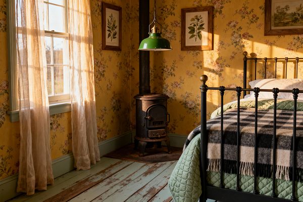 A cozy farmhouse bedroom is bathed in golden sunlight. It features yellow floral wallpaper, sage-painted trim, and a distressed mint-painted plank floor. In the corner, a vintage cast-iron wood stove sits beneath a green enamel pendant. A black iron bed with brass finials holds white pillows, a quilted light-green coverlet, and a black-and-cream wool plaid throw. Sheer linen curtains and framed botanical prints complete the space.