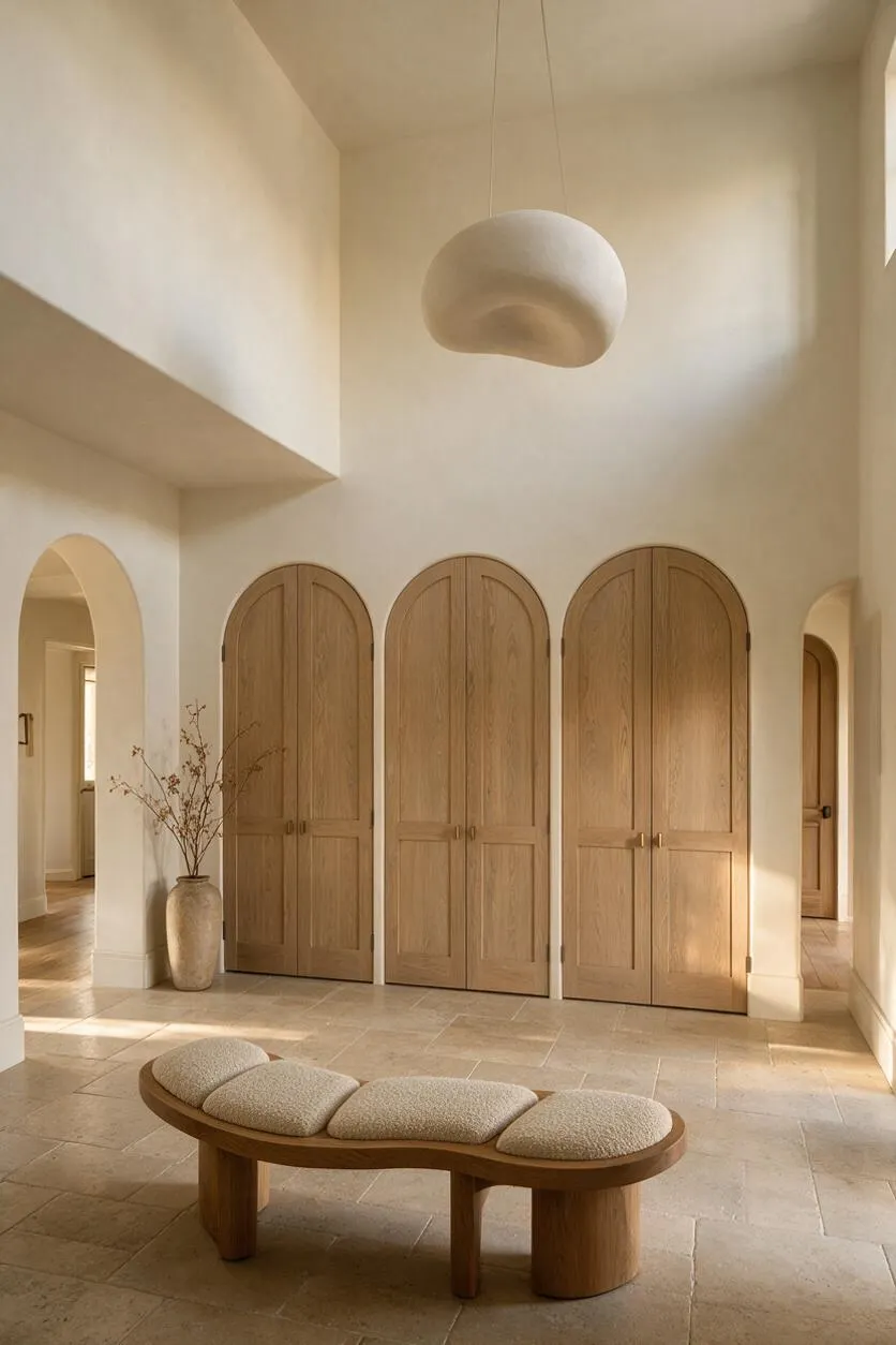 A spacious organic modern entryway with pale stone tile flooring, tall cream walls, and three arched oak closet doors centered on the far wall. A sculptural pendant light hangs overhead, while a curved wooden bench with cushioned seats sits in the foreground and a tall neutral vase with branches adds a natural accent.