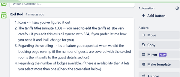 A task comment discussing client questions related to a project.
