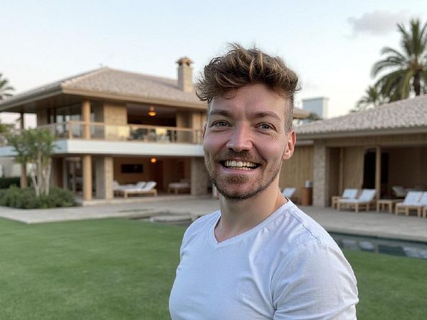 A smiling man stands in front of a luxurious villa with a well-manicured lawn.