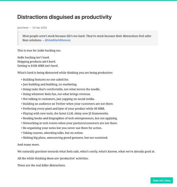 The image features a blog post discussing distractions that masquerade as productivity.