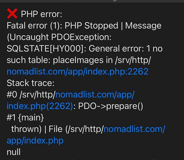 A PHP error message indicating a database issue related to a missing table.
