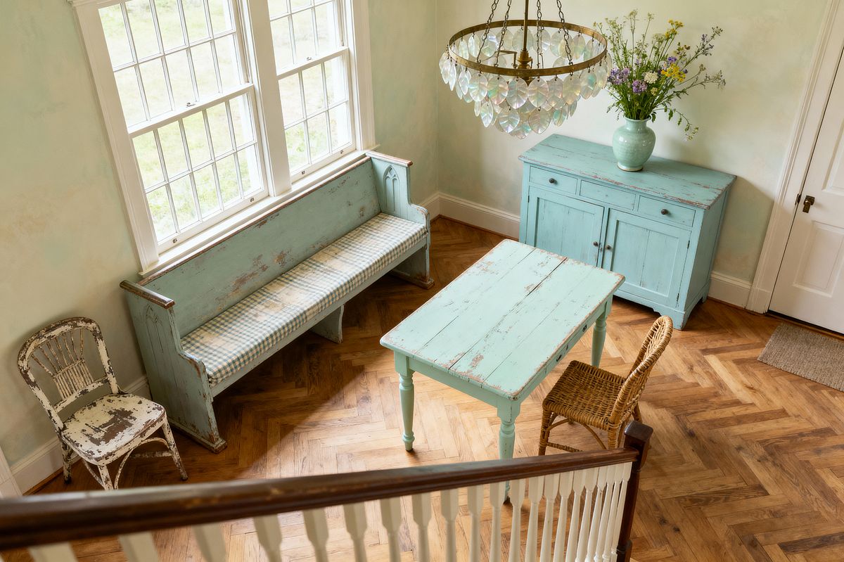 Room AI – Distressed Seafoam Dining with Capiz Chandelier - Interior