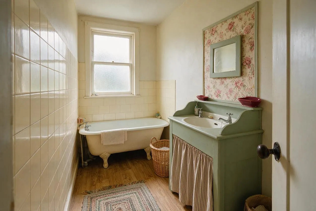 A narrow cottage-style bathroom with a freestanding clawfoot bathtub beneath a frosted window, a sage green painted vanity with a small sink, and floral wallpaper behind the mirror. Cream wall tiles, a woven laundry basket, striped curtain under the sink, and a braided rug add soft rustic charm.