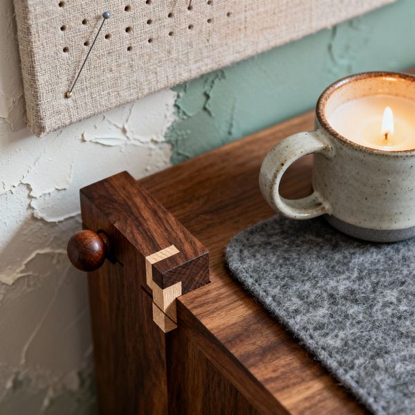 Close-up of a rustic home office corner showing the top of a walnut cabinet with contrasting light maple spline joinery and a small turned wooden knob. On the surface, a speckled stoneware mug candle burns on a gray wool felt mat, while behind it a textured plaster wall, partly painted sage green, sits beneath a linen-covered pinboard with perforations and a couple of pins, lit by soft natural light.