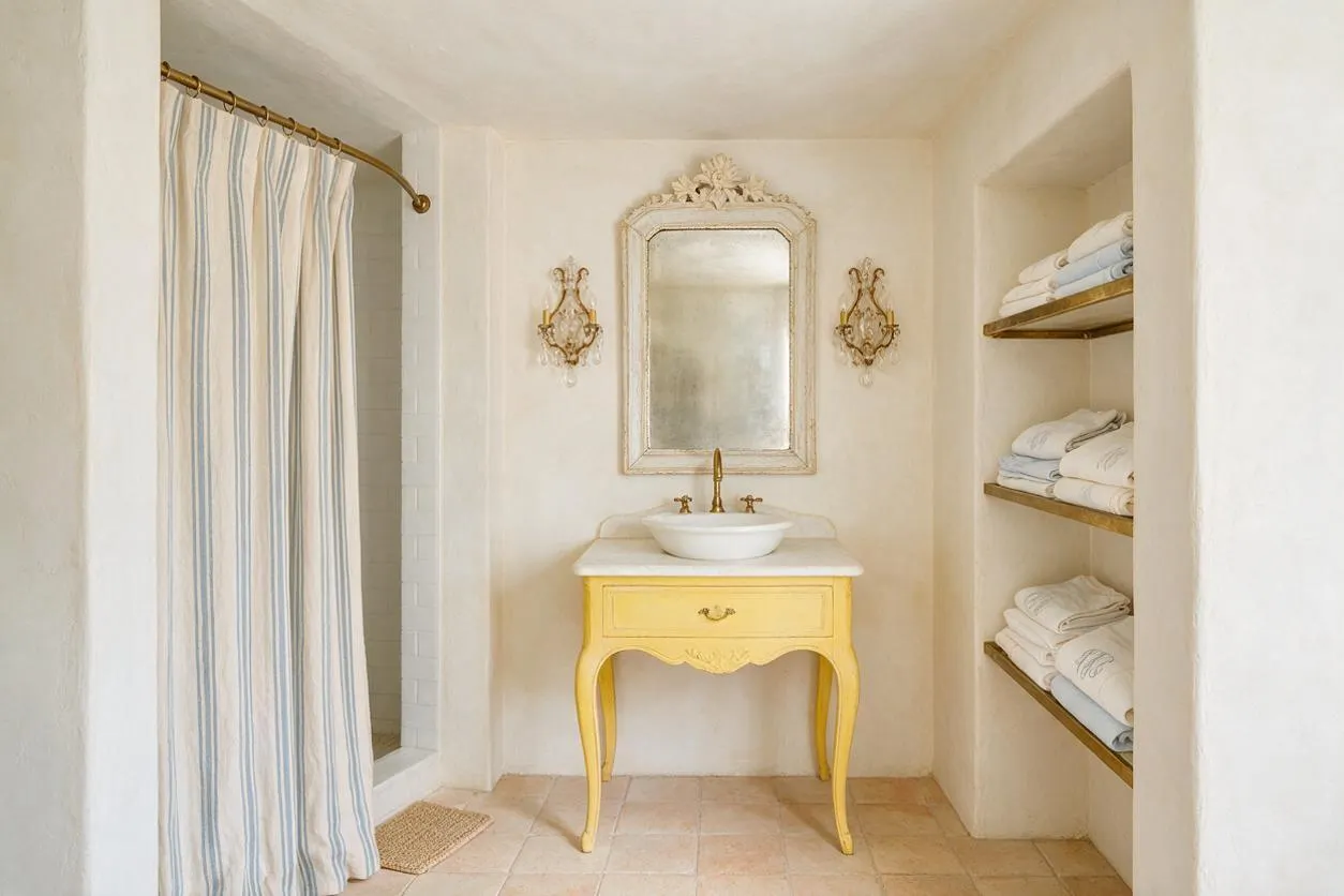 A French Country master bathroom with creamy plaster walls, a striped shower curtain, and a small yellow vanity topped with a white vessel sink. An ornate mirror and matching wall sconces center the room, while open shelves on the right display neatly folded towels.
