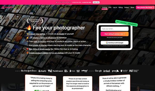 A landing page features a photo grid with an improved gradient overlay and a sidebar menu on the left.
