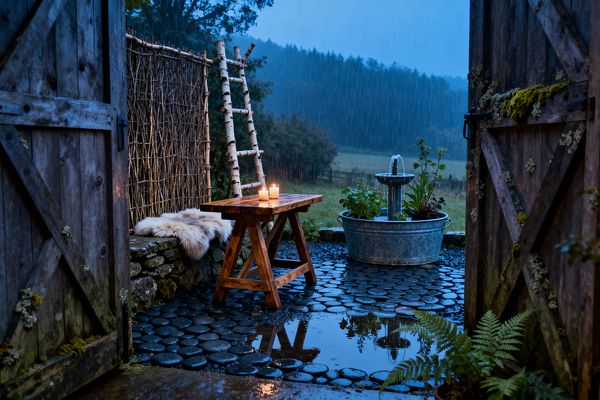 A rustic patio opens between weathered barn doors on a rainy evening. Glossy black river-stone pavers reflect candlelight on a simple sawhorse wood bench; a stacked fieldstone ledge holds a soft sheepskin. A woven twig privacy screen and leaning birch ladder stand to the side, while a galvanized stock-tank fountain planted with herbs bubbles nearby. Ferns and moss add green against gray wood and silver metal, with open countryside beyond.