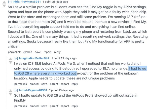 The image features a discussion thread about issues with AirPods Pro 3 not appearing in the Find My app due to a software bug.