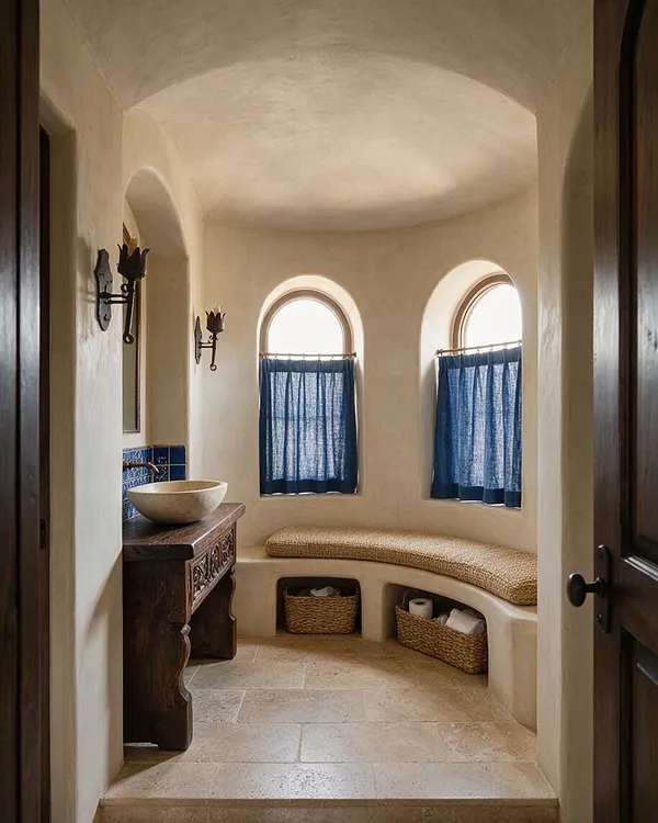 A Mediterranean-style powder room with smooth plaster walls, a vaulted ceiling, and two arched windows dressed in blue curtains. The space includes a carved dark wood vanity with a stone vessel sink, built-in curved bench seating, woven storage baskets, and warm beige stone tile flooring.