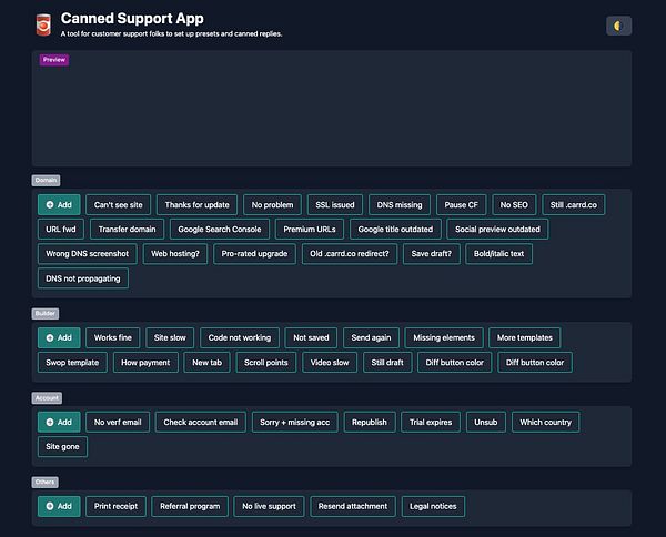 The image displays a user interface for a Canned Support App designed for customer support tasks.