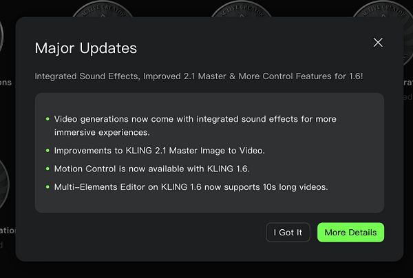 The image displays a pop-up window detailing major updates for a video generation software.
