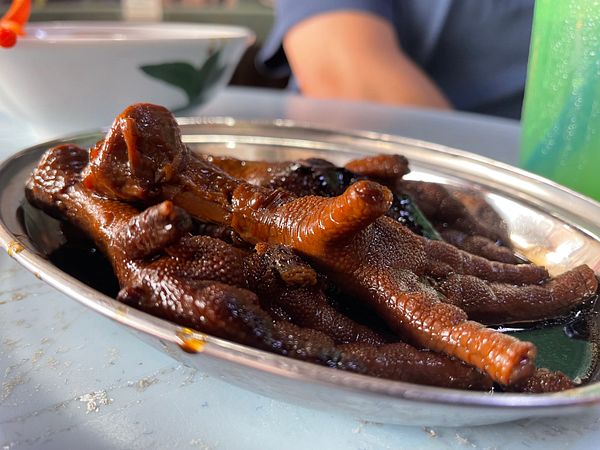 A close-up view of a plate of chicken feet in a dark sauce.