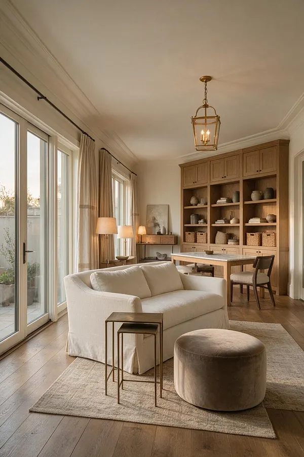 A bright transitional sunroom with large glass doors along the left wall, beige curtains, and a soft cream sofa centered on a light rug. Warm wood built-ins with open shelving and woven baskets line the back wall, while brass lighting, a marble-topped table, and a velvet ottoman add elegant texture.