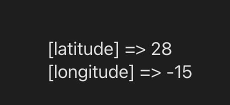 The image displays a code snippet showing latitude and longitude values.
