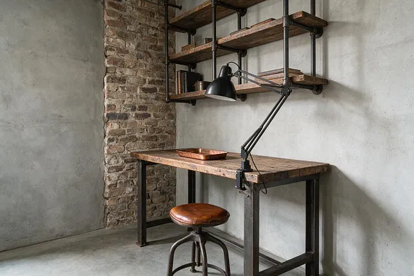 A compact studio workspace with a rough wooden desk, black metal frame, and a brown leather swivel stool. Exposed brick meets smooth concrete walls, while open wood-and-pipe shelving and an adjustable black task lamp reinforce the industrial look.