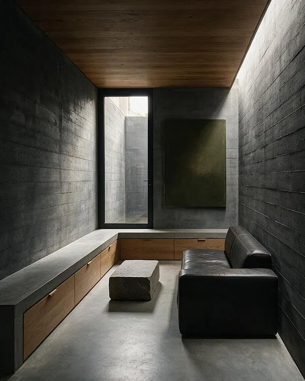 A narrow backyard lounge enclosed by raw concrete walls and a smooth concrete floor, with a wood-paneled ceiling overhead. Built-in concrete benches with wood storage drawers wrap the space, while a black leather sofa and a rough stone block table create a minimalist seating area.
