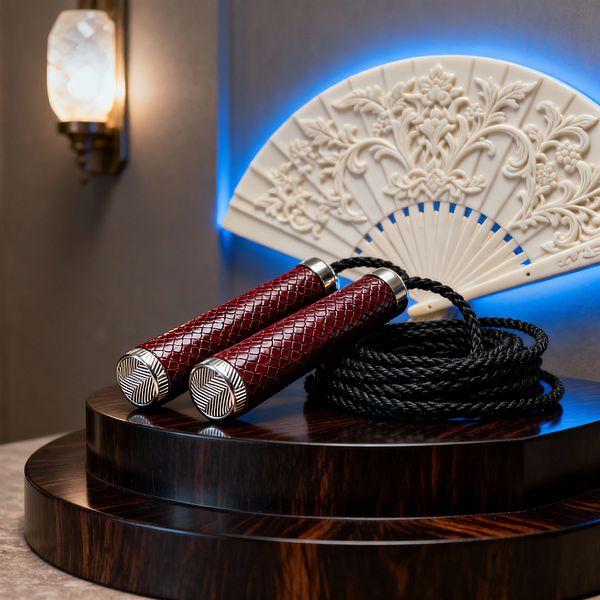 A coiled black jump rope with burgundy, crosshatched leather handles and polished nickel end caps rests on a glossy, stepped dark-wood pedestal. Behind it, a carved ivory-toned fan panel is backlit in blue, and to the left a brass wall sconce with a faceted glass shade glows against smooth gray walls, creating a luxurious Art Deco vignette that merges fitness gear with decorative craftsmanship.