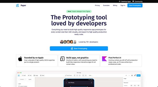 The image displays a landing page for a prototyping tool called Paper, highlighting its features and benefits for developers.