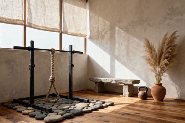A serene home gym lit by large wood-framed windows with sheer linen shades. A simple black steel squat stand holds a knotted training rope over a mat of rounded river stones. The room features raw plaster walls with visible texture, warm wide-plank wood flooring, and a rough-hewn stone bench. To the side sit a worn kettlebell and terracotta vessels filled with pampas grass. Sunlight casts long, soft shadows across the minimalist space.