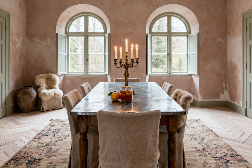 A French Country dining room features two arched windows with pale sage shutters lighting a long zinc-topped farmhouse table. Linen slipcovered chairs line the sides, with sheepskin throws on end chairs. Blush limewash plaster walls, light oak herringbone flooring, and a faded floral rug set a warm, timeworn tone. A brass candelabra with lit candles, peaches, and a jar of preserves sit at the center; an earthenware pot rests in the corner.