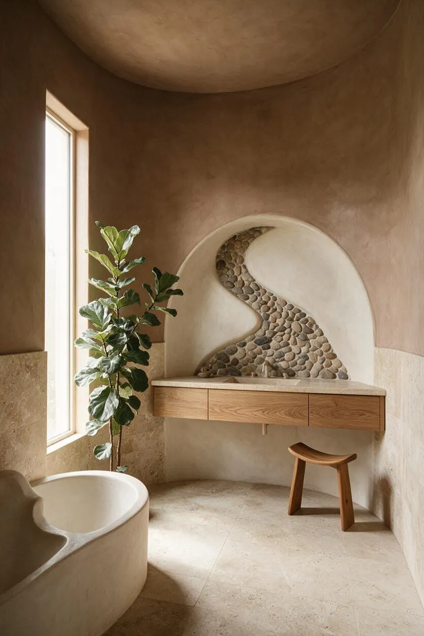 A serene powder room with curved plaster walls and ceiling, a floating wood vanity, and an arched niche filled with river stones. A tall narrow window brings in daylight beside a sculptural plant, while a small wooden stool and rounded soaking tub-like basin add warm organic forms.