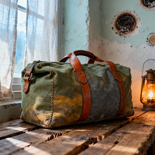 A rustic home gym vignette shows a green and charcoal waxed canvas duffel with brown leather straps resting on a bench made of rough, reclaimed wood planks. Soft daylight filters through a sheer white curtain at a nearby window, while a lit vintage metal lantern casts a warm amber glow. The wall behind is pale mint plaster with distressed texture, enhancing the rugged, timeworn atmosphere of the space.