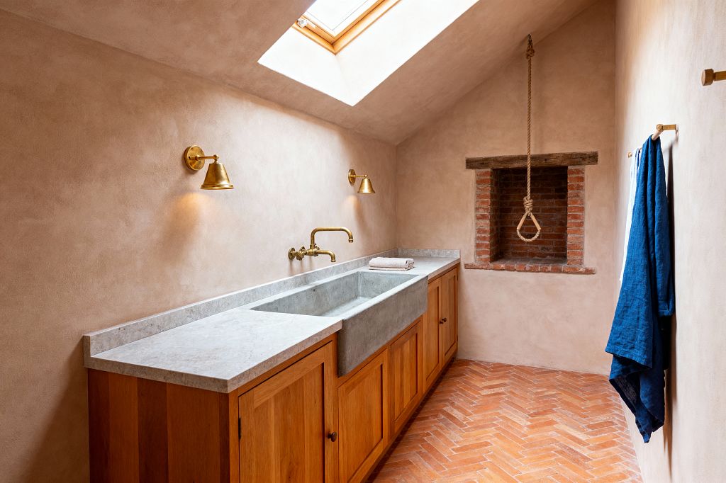 A narrow rustic laundry room with a sloped ceiling and skylight features warm plaster walls and a terracotta herringbone brick floor. A long oak cabinet runs the length of the room, topped with a pale stone counter and an integrated cast-concrete trough sink with a brass wall-mounted faucet. Brass cone sconces illuminate the space. An exposed brick niche with a timber lintel and rope pulley sits at the end, while a deep blue towel hangs on the right wall.