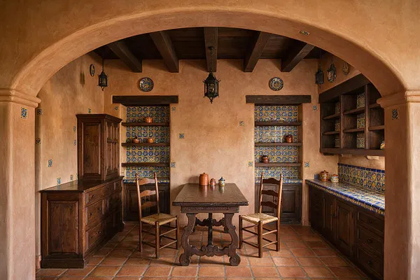 A Mediterranean-style home office with a terracotta tile floor, arched plaster ceiling, dark wood beams, and built-in dark wood cabinetry. Blue-and-yellow patterned tile niches and backsplash details add color, while a central wooden table and two rustic chairs create a simple workspace.